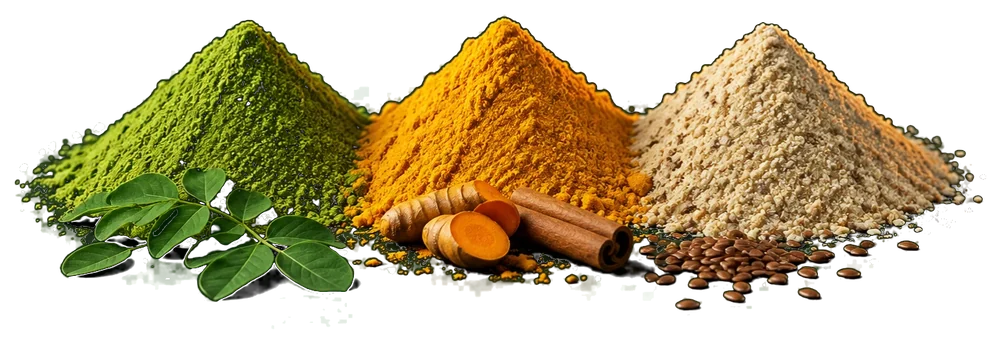 Three blended powders with moringa leaves and cinnamon