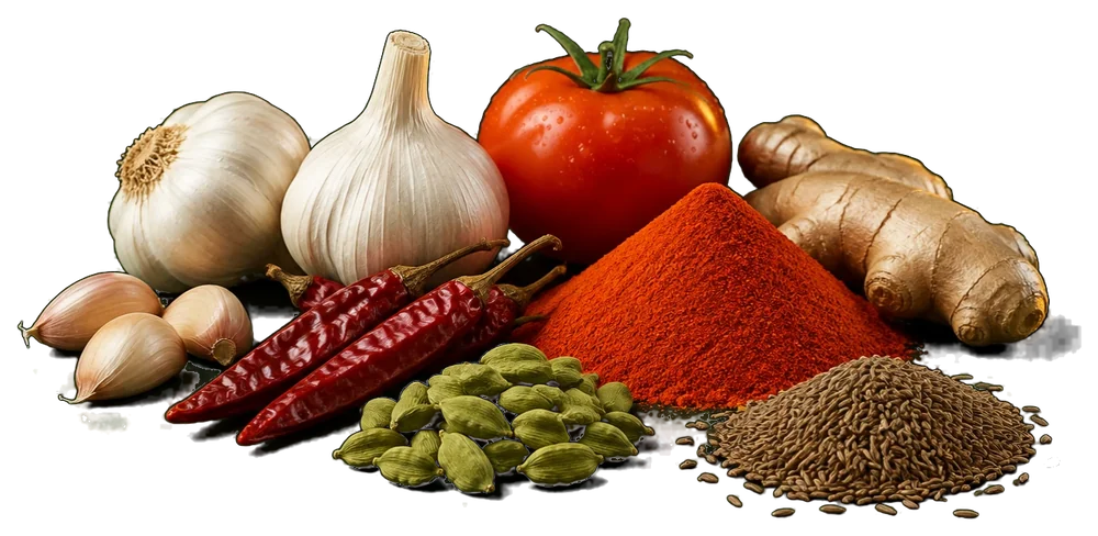 Garlic, red chillies, tomato, ginger, cardamom, cumin and tomato powder