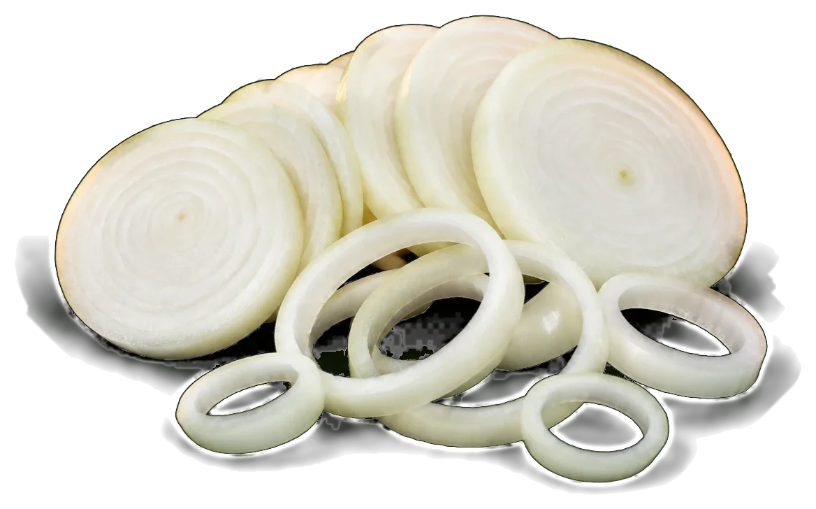 Peeled onion cut into even round slices and rings