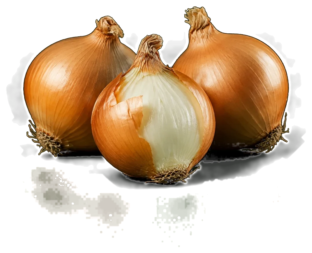 Whole onions with golden skin, one half peeled